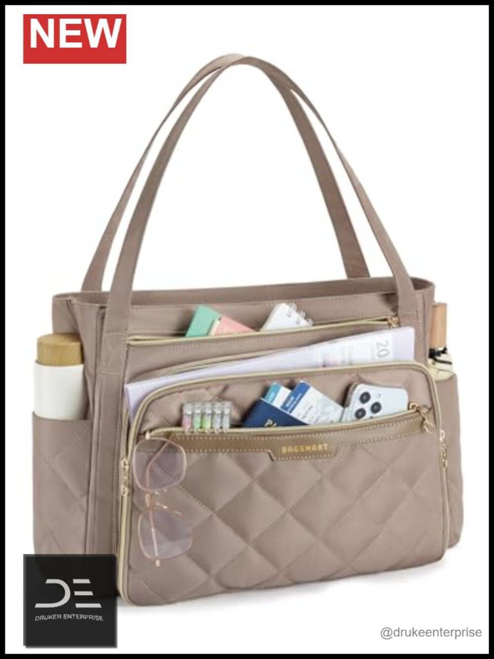 Quilted Laptop Tote Bag 15.6in Insulated Pocket Work Bag